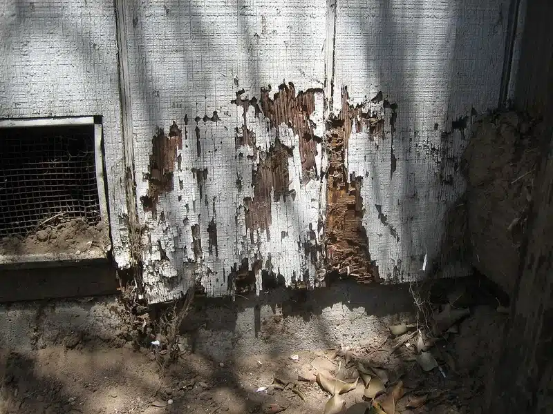 Damaged wooden siding shows deterioration