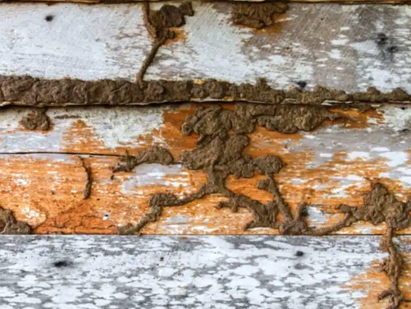 Damaged wooden surface with visible termite trails