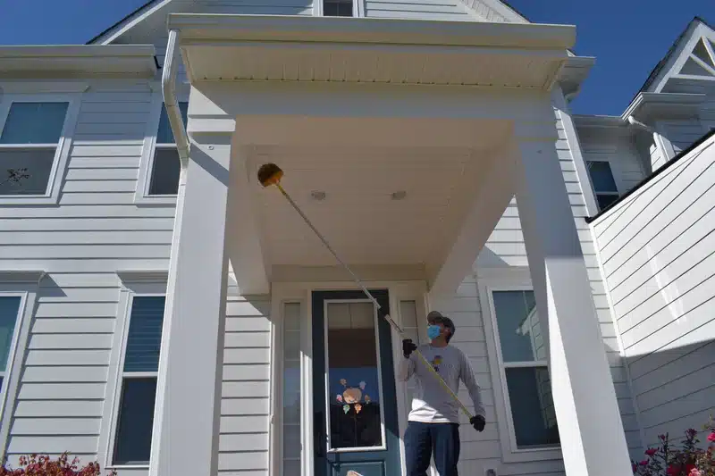 Technician carefully removing nest from residential porch area